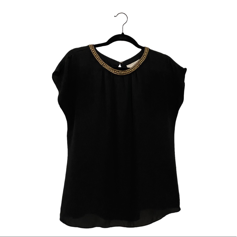 Loft Black Blouse with Gold Trim Neck